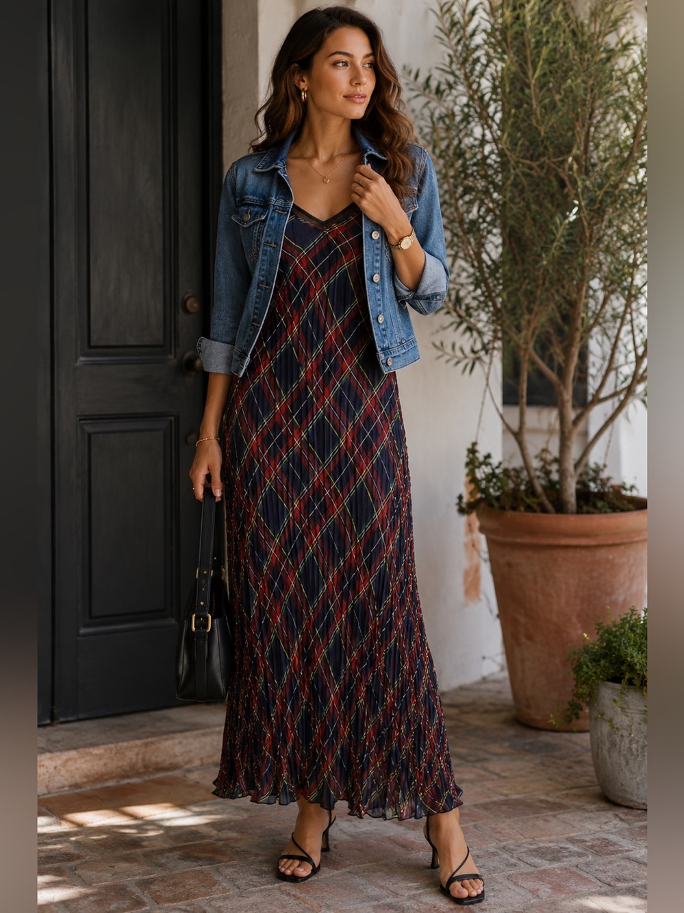 Polo Ralph Lauren Plaid Tartan Crinkle Pleated layered maxi dress SZ M / 8 / 10 - Picture 2 of 15